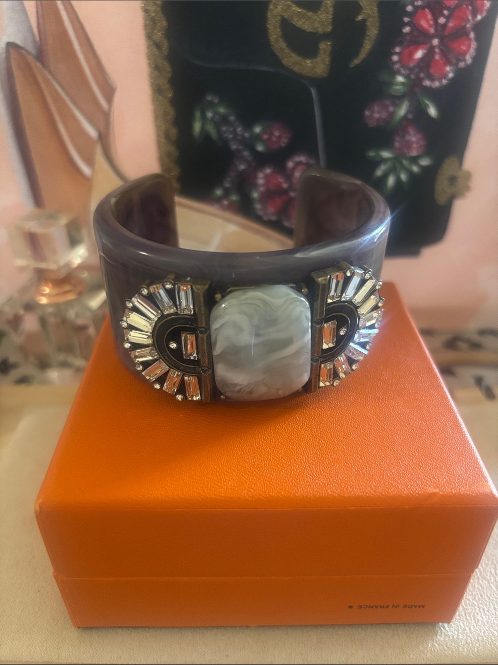Diva Purple Marbled Resin Cuff Bracelet with Crystal Emblems